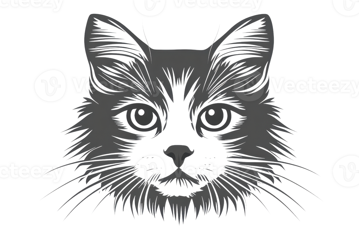 A detailed illustration of a cat's face, featuring prominent eyes and whiskers, showcasing intricate fur textures. png