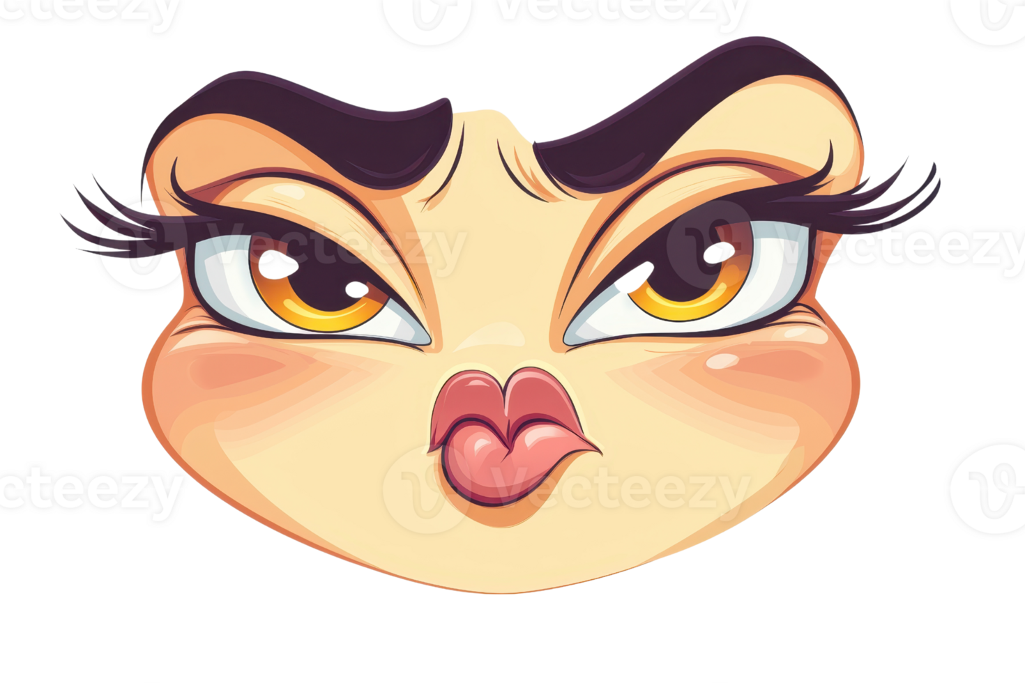 A cartoon face showing a pout with raised eyebrows and fluttering lashes, expressing sass and attitude, set against a plain background. png
