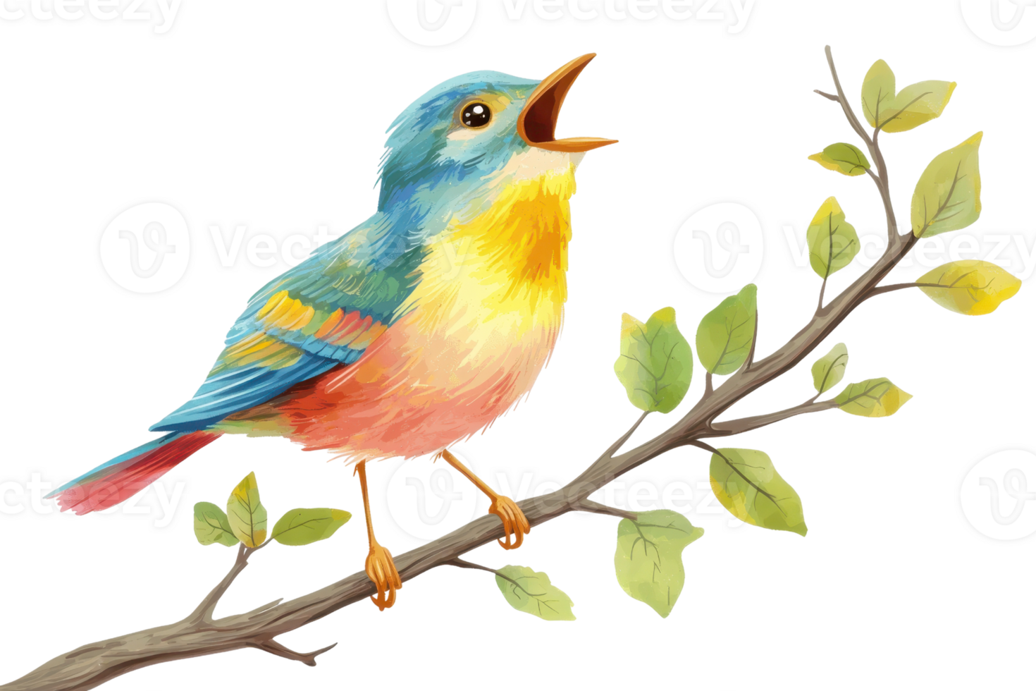 A colorful bird perches on a leafy branch singing joyfully. Vivid plumage and vibrant greens create a lively and natural scene. png
