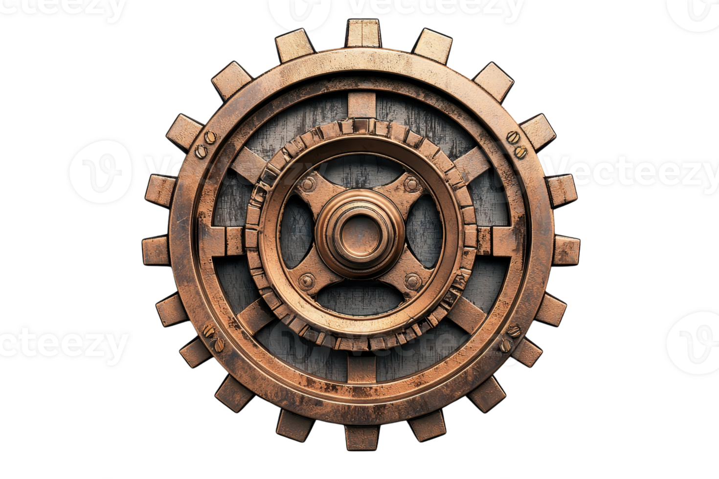 A large, intricately designed cogwheel with a metallic finish, featuring multiple teeth and a central circular hub. png