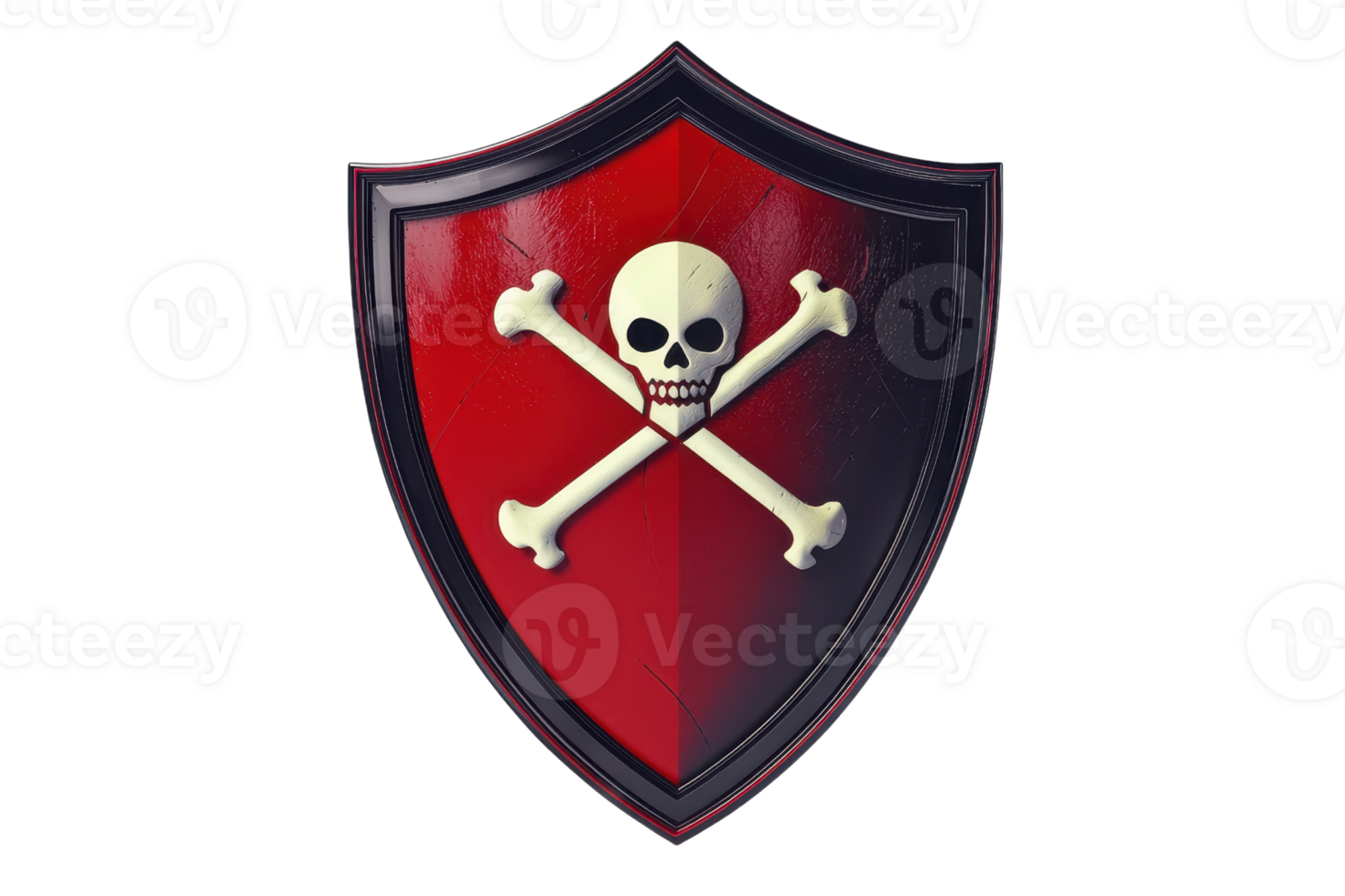 A bold, red medieval shield with a menacing skull and crossbones emblem, symbolizing danger and protection, set against a plain background. png