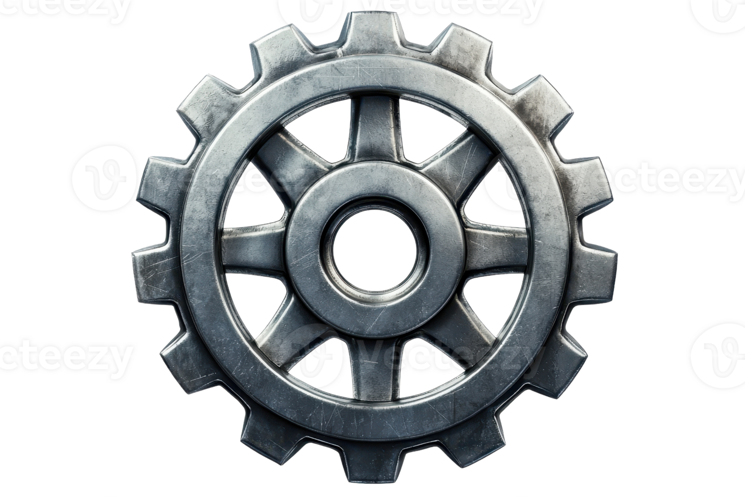 A metallic gear with prominent teeth, designed for mechanical applications, showcasing a circular structure and central hole. png
