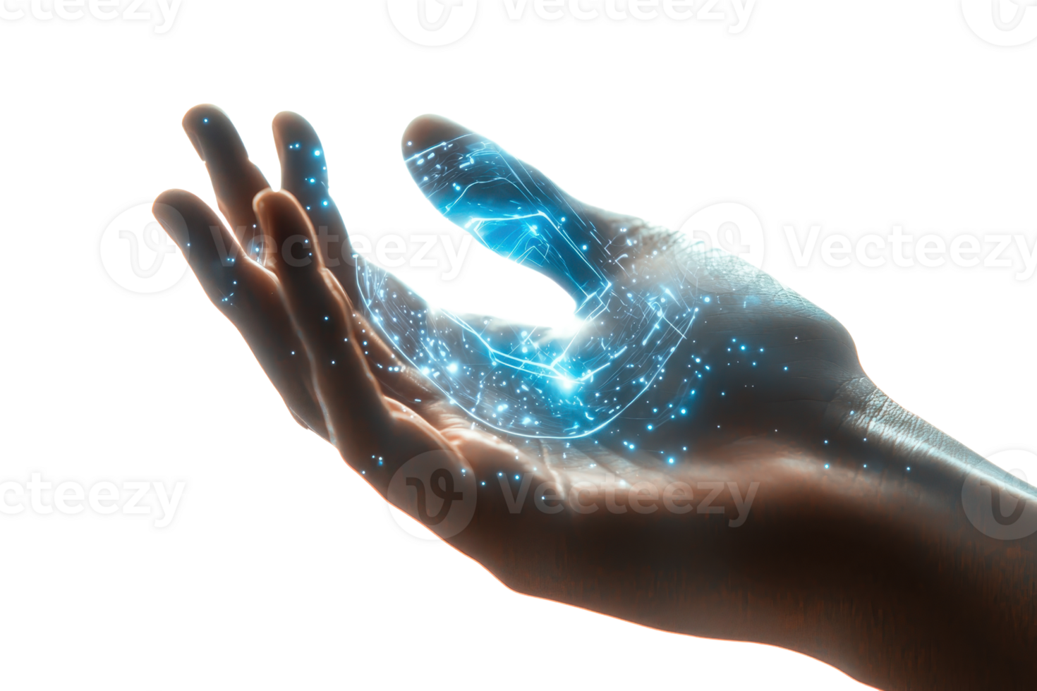 A semi-transparent hand emits glowing blue particles against a dark background, symbolizing technology and connection. png