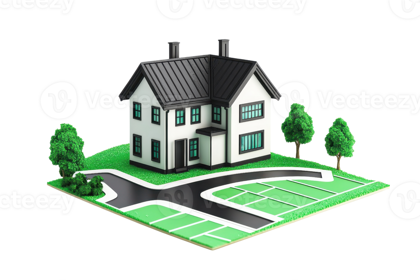 3D rendering of a modern suburban house with surrounding greenery and pathways, showcasing architectural design and residential style. png