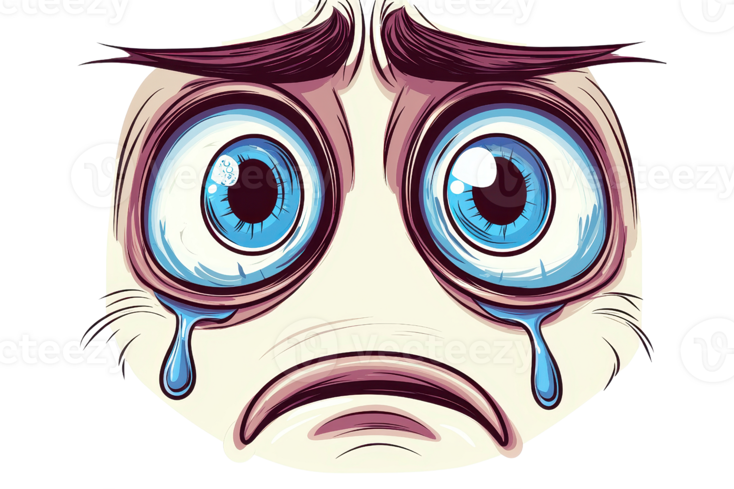 A cartoon character with large, teary eyes and a sad expression. Perfect for expressing emotions of sorrow or disappointment in designs. png