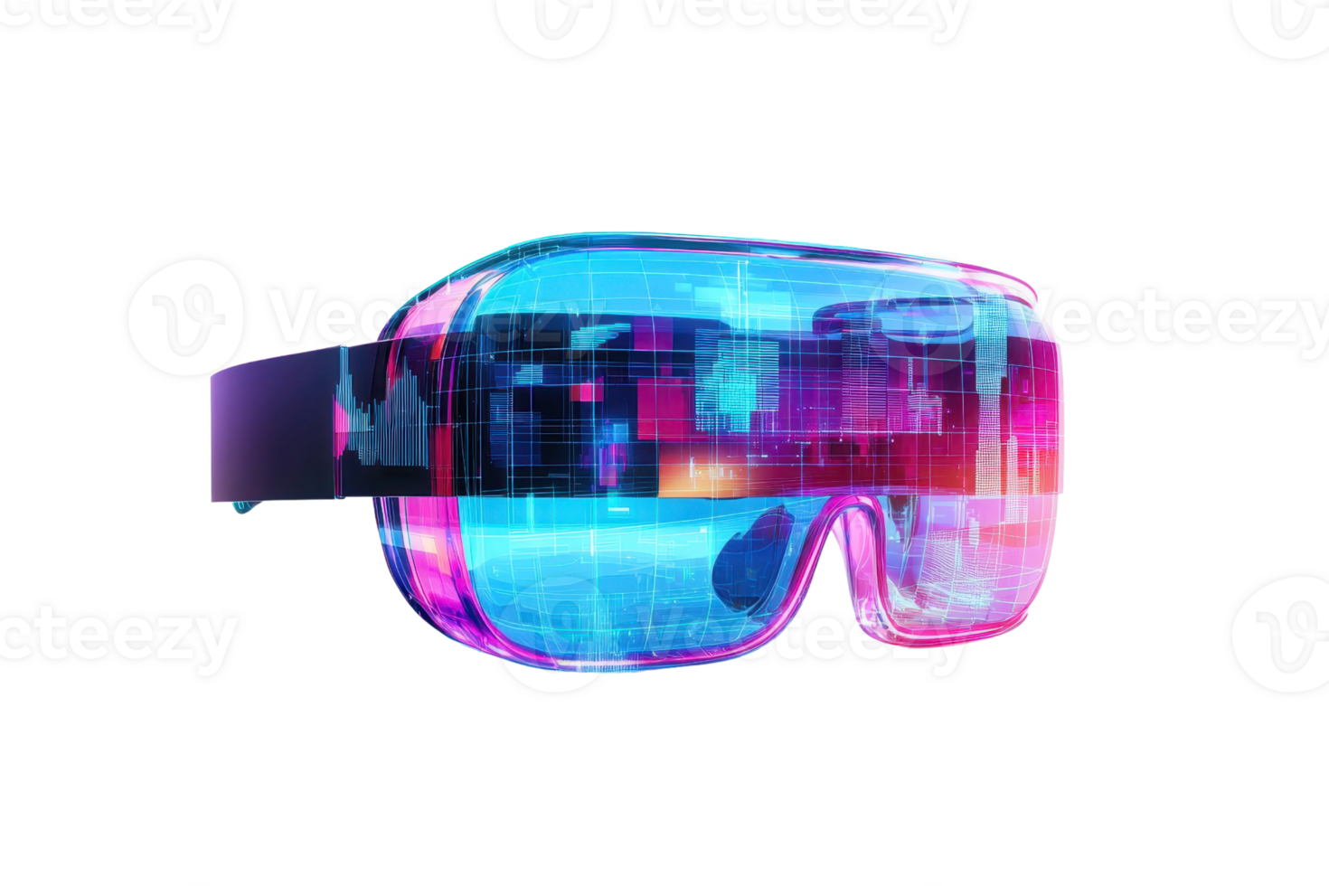 Futuristic glasses with a vibrant blue and pink color scheme, featuring a digital grid pattern and sleek design. png