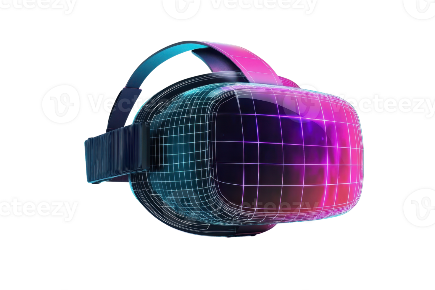 A sleek virtual reality headset with a digital grid design, featuring vibrant colors that suggest advanced technology and immersive experiences. png