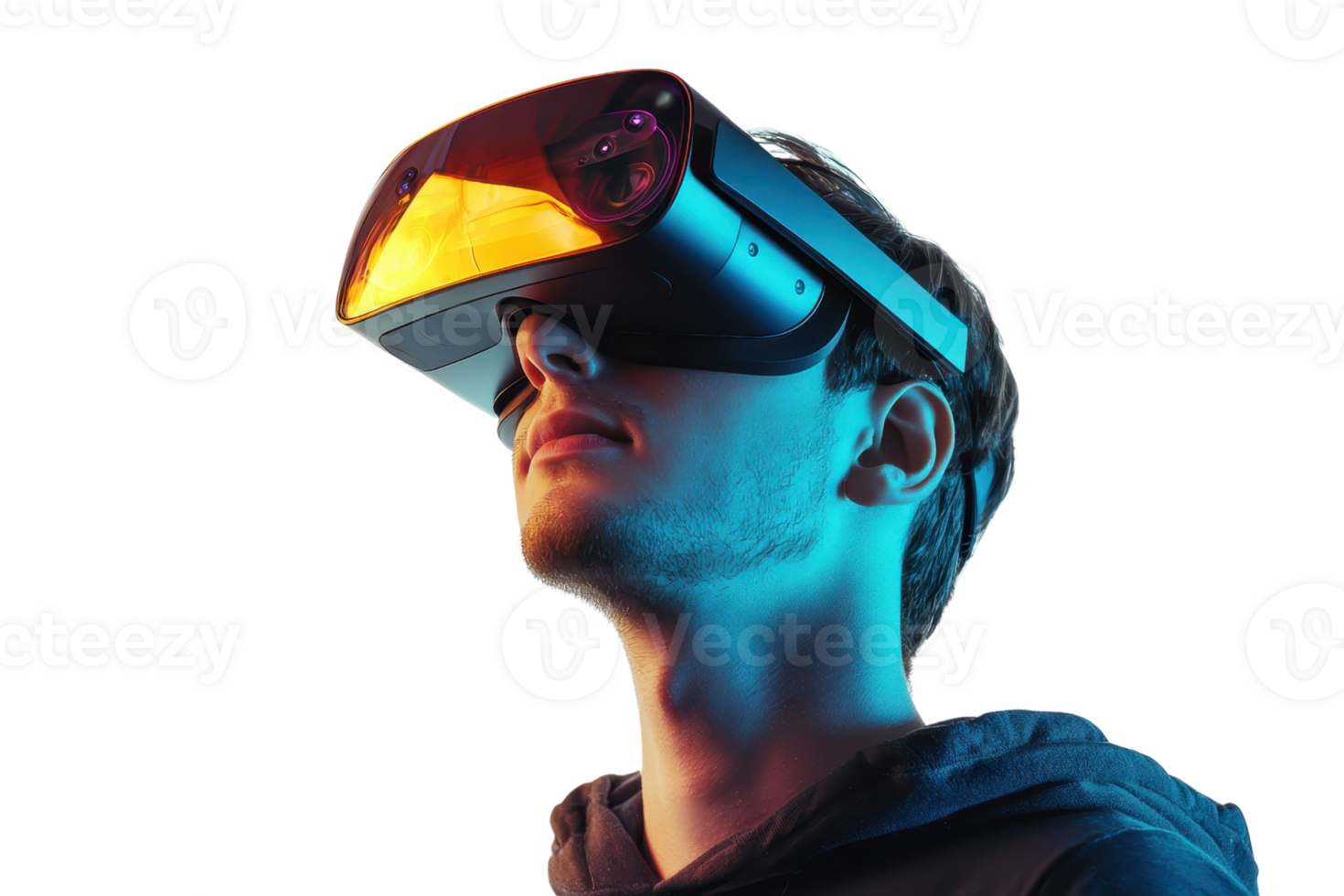 A person wearing a VR headset, immersed in a virtual experience with vibrant lighting effects highlighting the device. png