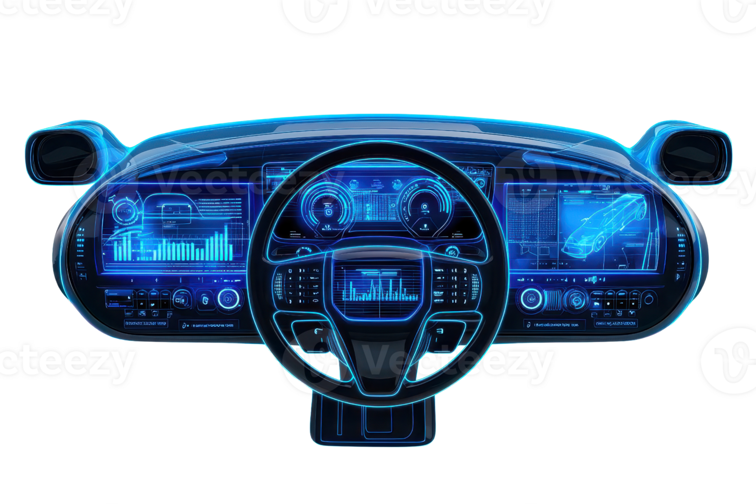 A futuristic car dashboard featuring digital displays, controls, and vibrant blue accents. png