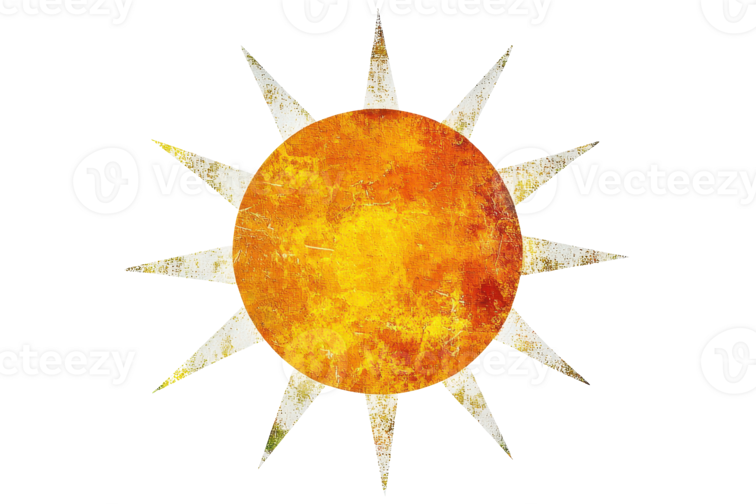 A stylized illustration of the sun featuring a bright yellow orb surrounded by pointed rays, symbolizing warmth and illumination. png