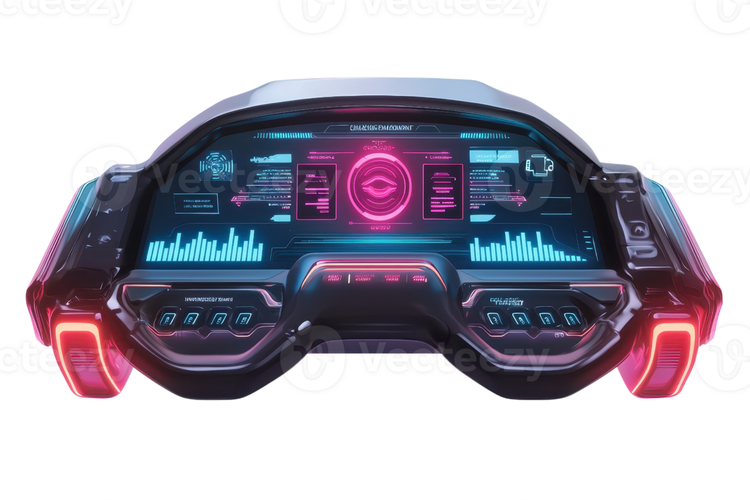 A futuristic control panel featuring vibrant displays, buttons, and digital interfaces designed for advanced technology. png