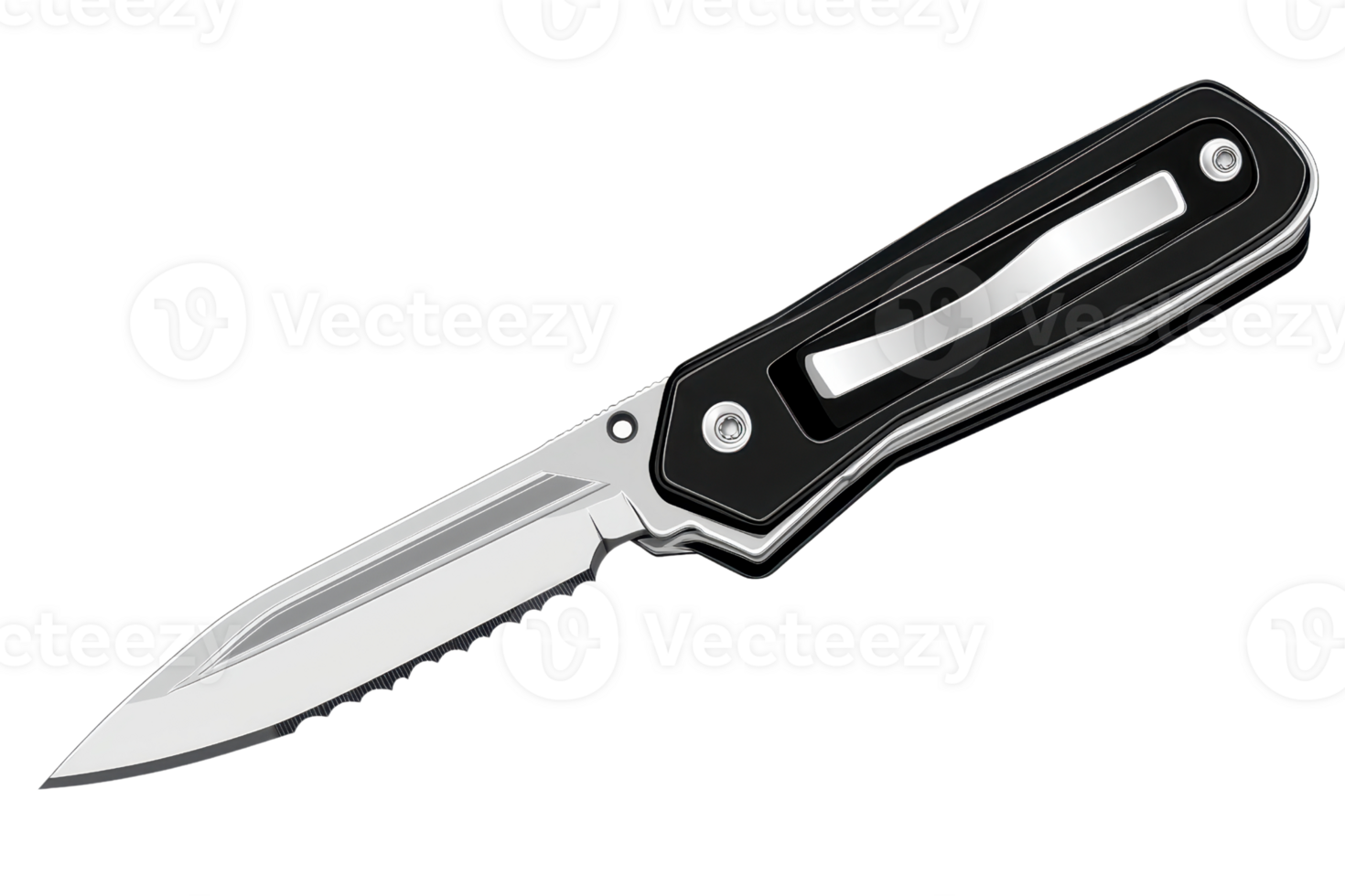 A detailed illustration of a foldable pocket knife with a sleek black handle and shiny metal blade. Ideal for camping or survival enthusiasts. png