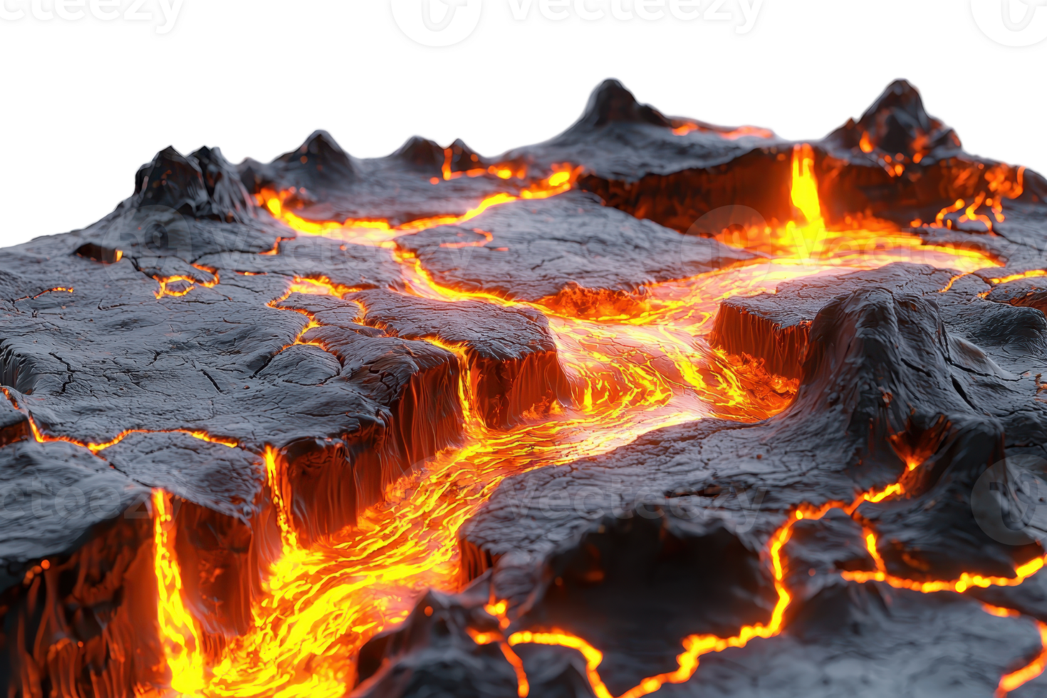 A close-up of molten lava flowing through cracked earth, creating a stunning and vibrant landscape of fiery textures and dynamic patterns. png