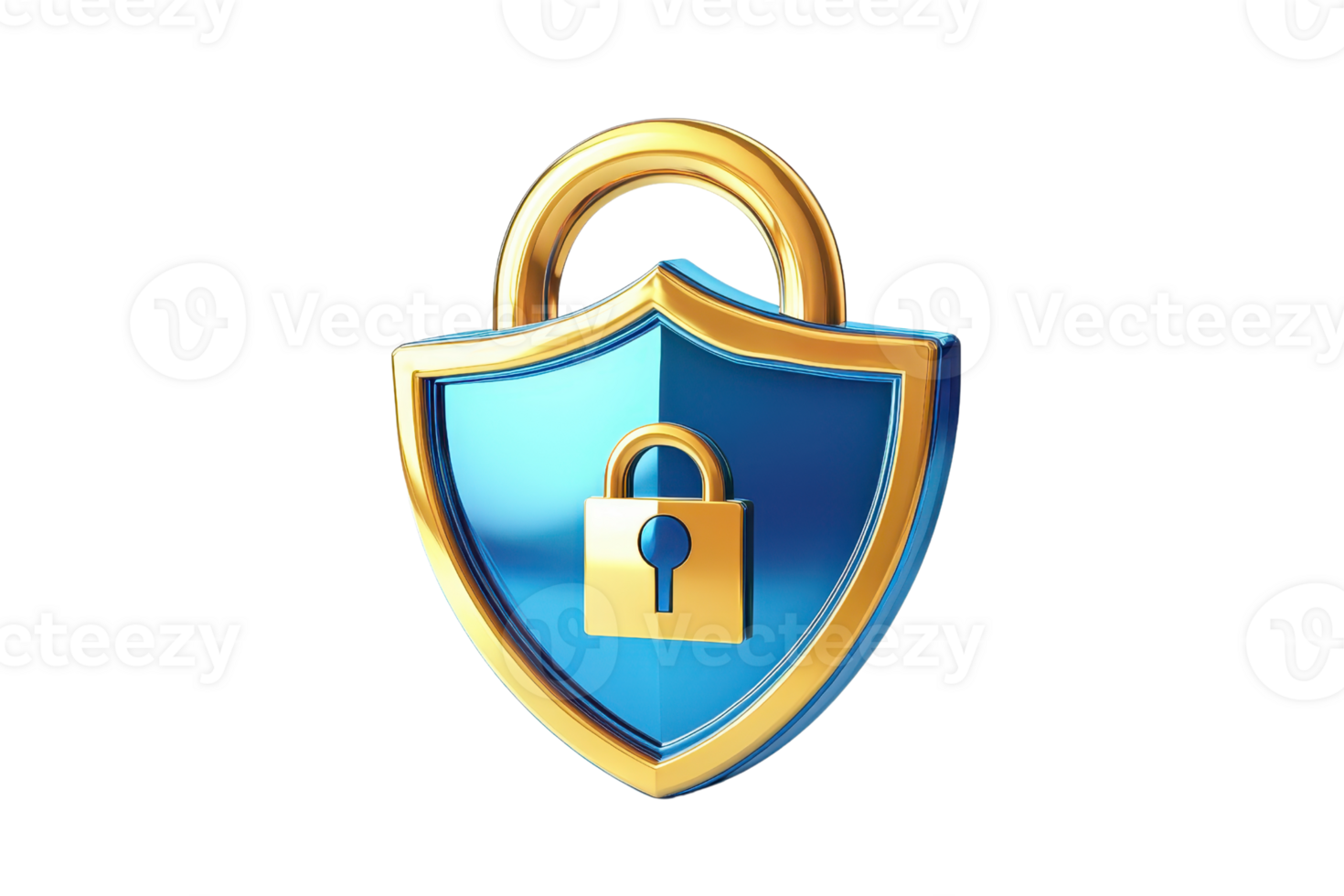 A shiny blue and gold padlock shield representing security and protection. Ideal for cybersecurity, privacy, and safety concepts. png