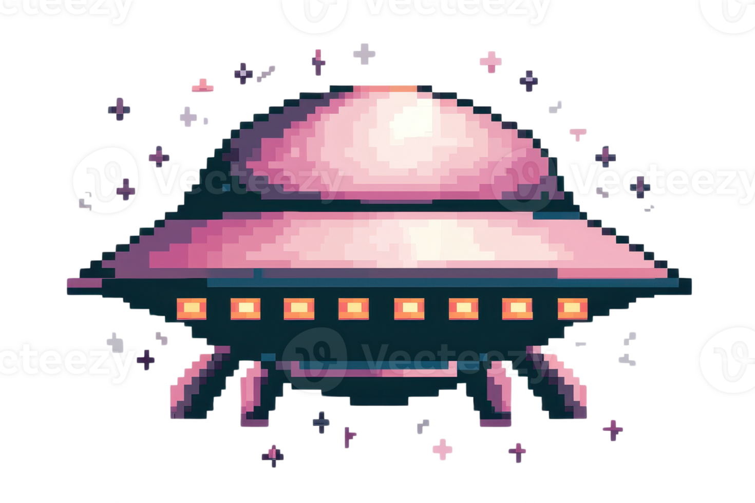 A pixel art style alien UFO surrounded by sparkling lights, evoking a retro game vibe and extraterrestrial themes. png