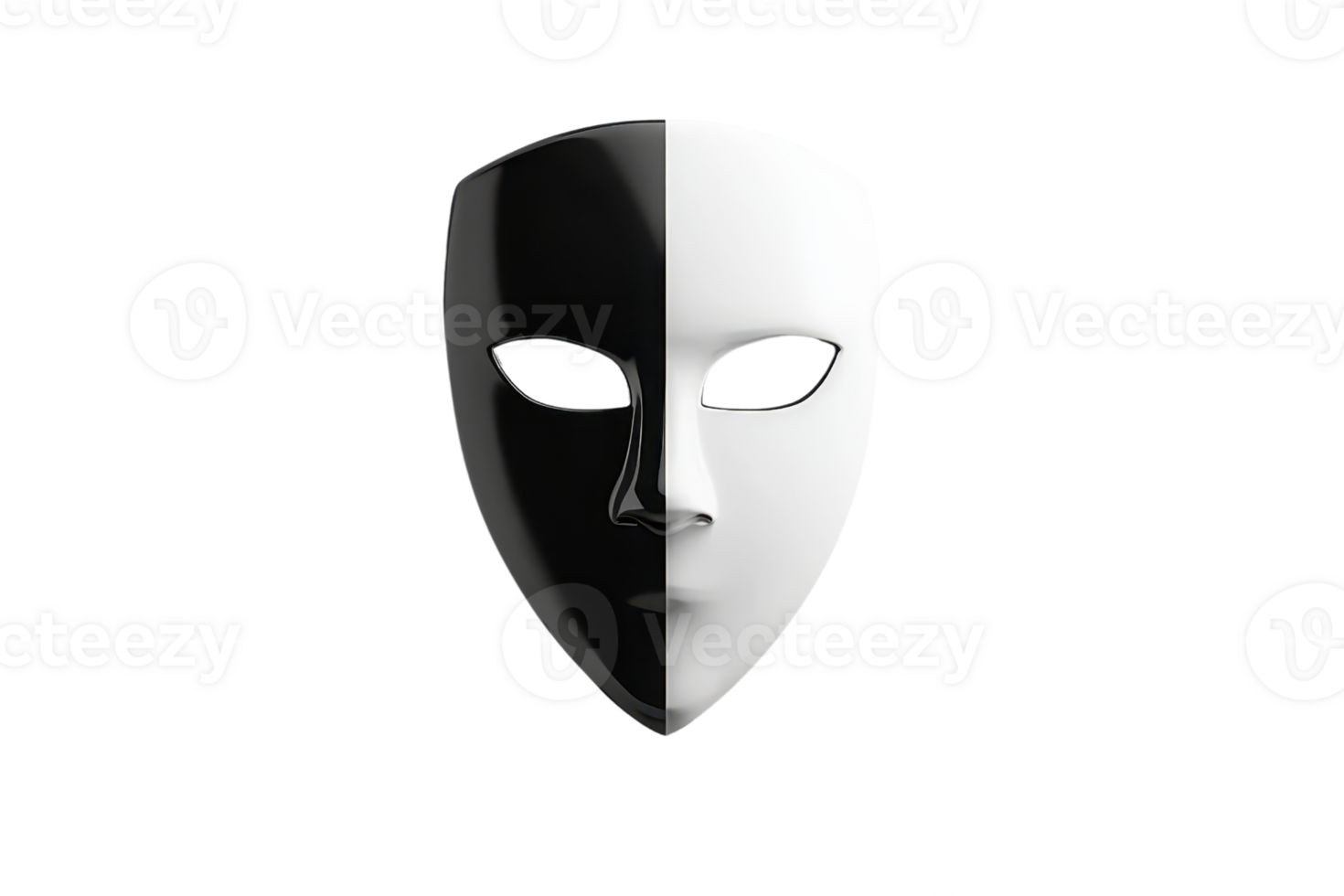 A striking half white and half black mask symbolizes duality and contrast, standing out against a stark transparent background. png