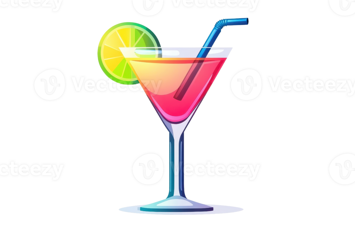 A vibrant cocktail illustration featuring a colorful gradient drink garnished with a lime slice and straw in a stylish glass. png