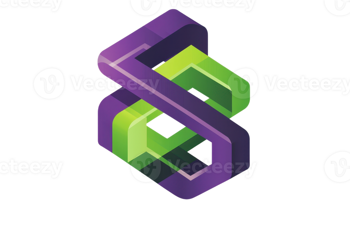 Abstract 3D geometric logo with interlocking purple and green shapes, representing modern design and creativity, perfect for branding use. png