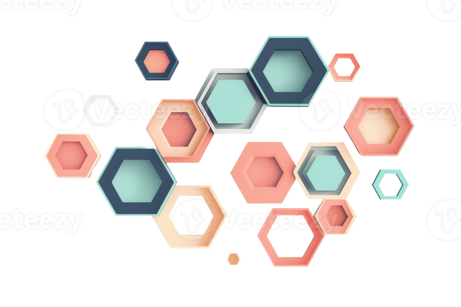 Abstract geometric background featuring colorful hexagons in various sizes and shades, creating a modern and dynamic design element. png