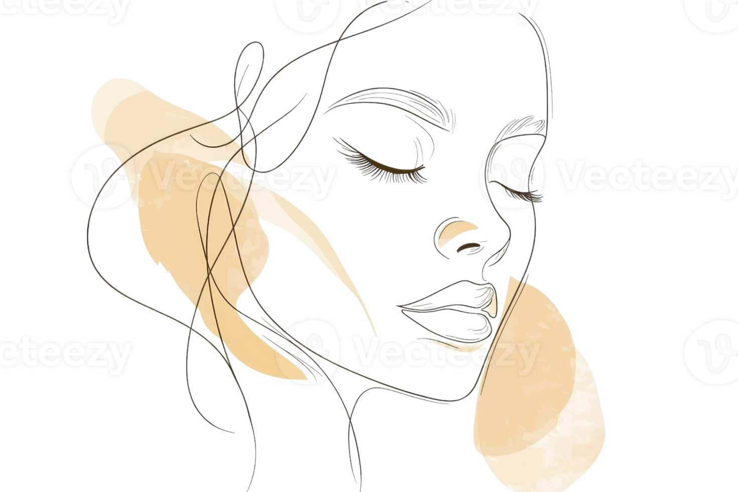 Abstract line drawing of a woman's face with soft peach tones, highlighting delicate features in a minimalist artistic style. png