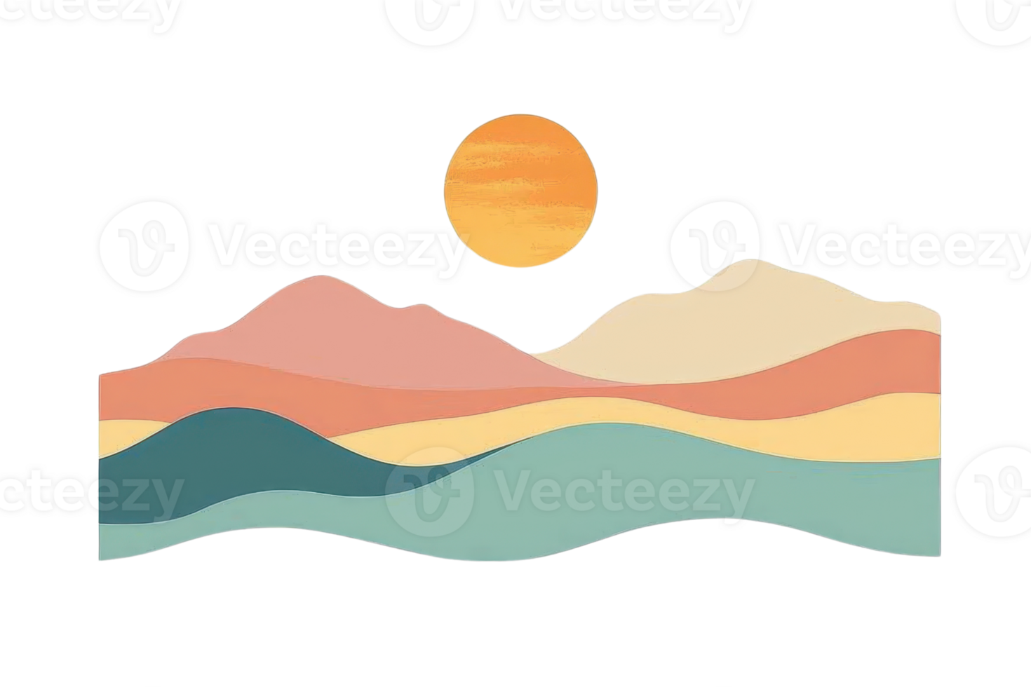 Abstract landscape illustration with colorful waves and a bright sun, capturing a serene and vibrant atmosphere perfect for nature themes. png