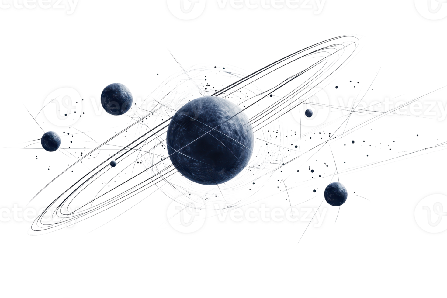 Abstract digital illustration of a futuristic planet with orbiting spheres and rings, showcasing a cosmic galaxy theme. png