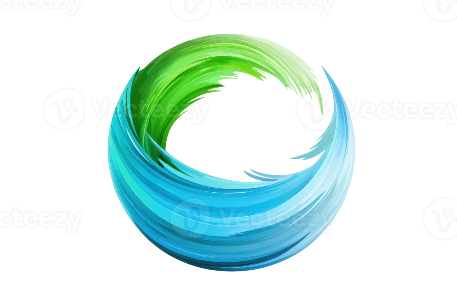 Abstract swirl of green and blue brush strokes creating a dynamic circular shape, symbolizing energy and fluidity. png