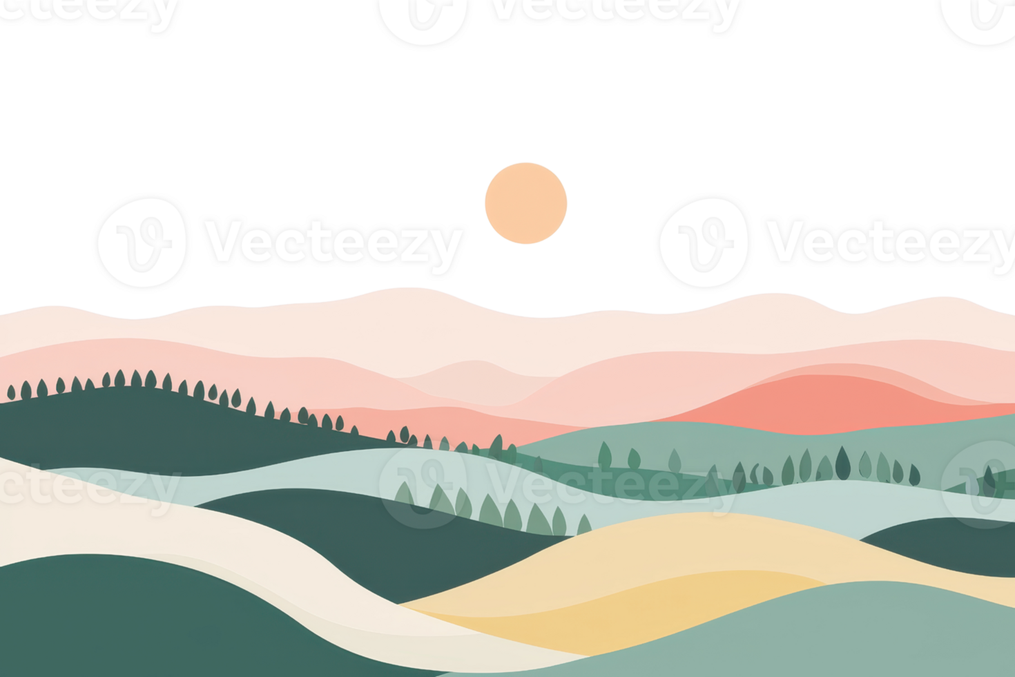 Abstract landscape illustration with layered hills and sun in pastel colors, depicting a serene nature scene. png