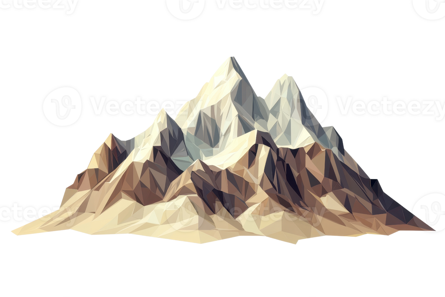 Abstract polygonal mountain illustration in geometric style featuring sharp peaks and muted earth tones against a transparent background. png