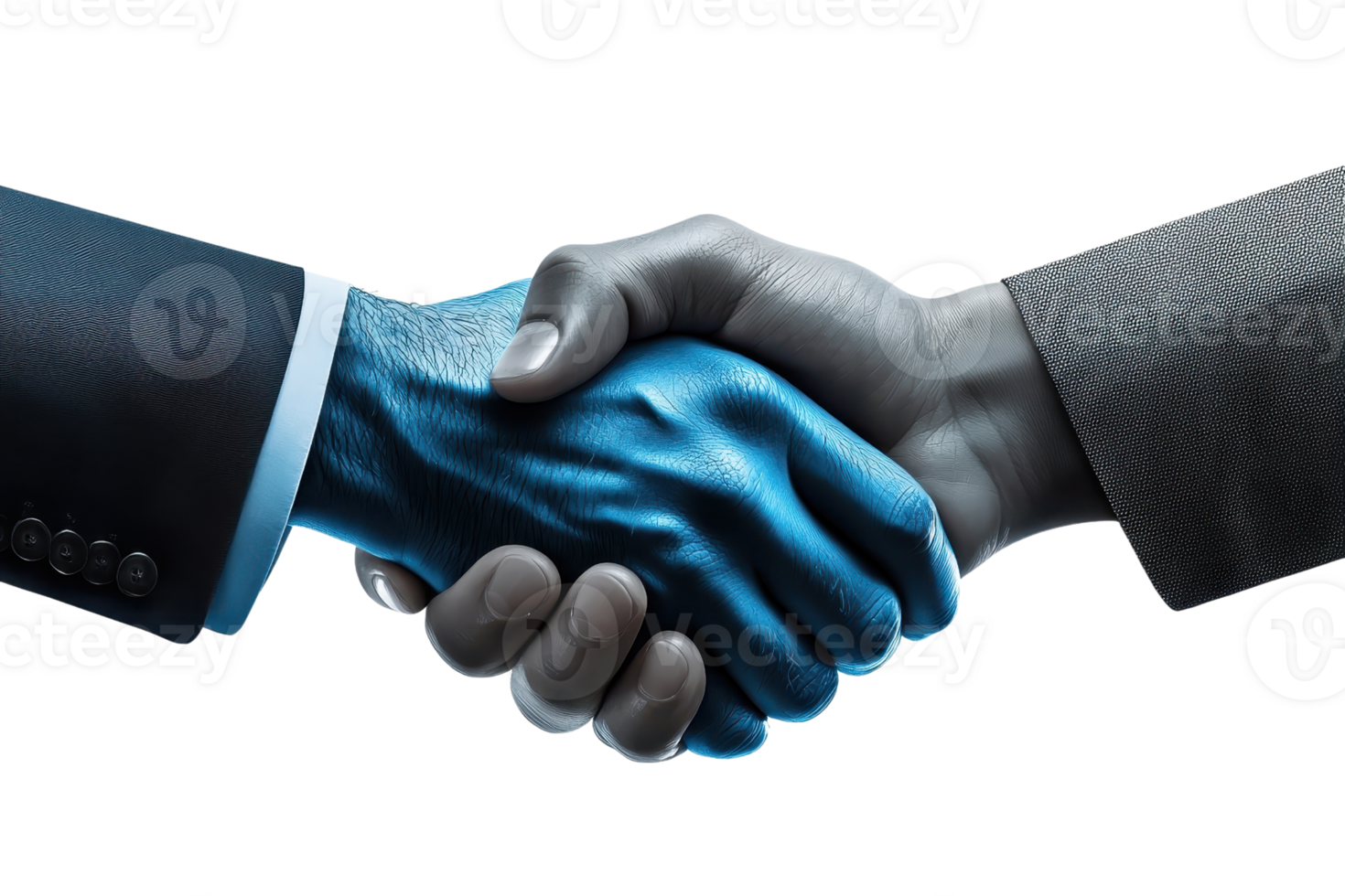 A striking image of two hands in a handshake, symbolizing cooperation and diversity, with one hand appearing digitally enhanced in blue. png