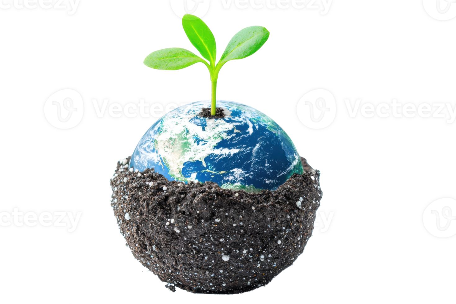 A small green plant sprouting from a soil-covered globe, symbolizing growth, nature, and environmental sustainability on a transparent background. png