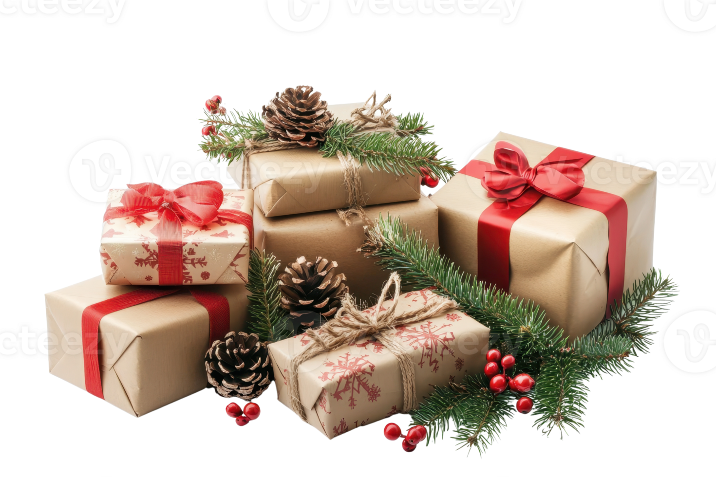 A festive arrangement of wrapped holiday gifts adorned with bows, pine cones, and evergreen branches, perfect for Christmas celebrations. png
