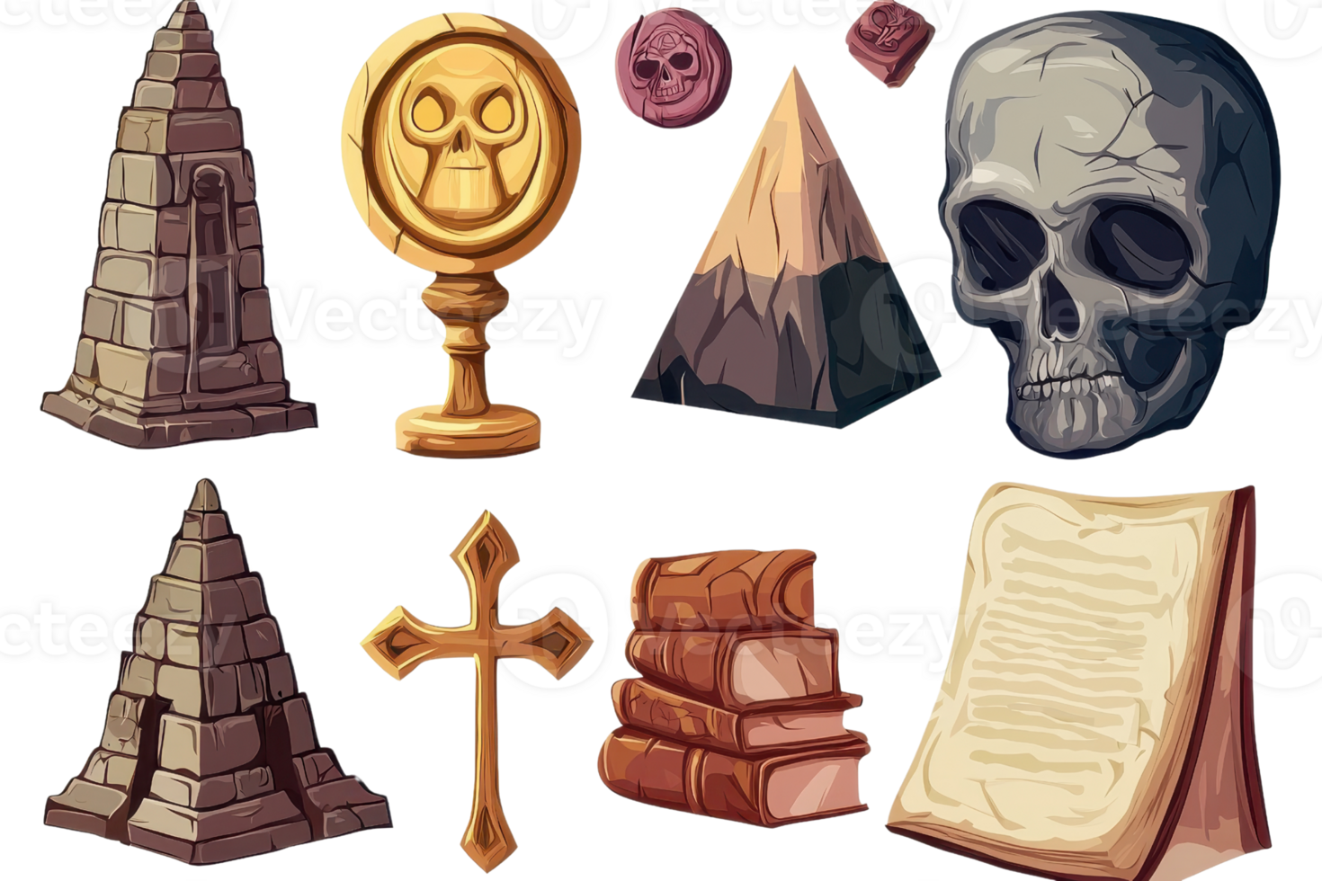 A set of ancient, mystical artifacts including pyramids, skull, cross, and books, ideal for themes of mystery, history, and adventure. png