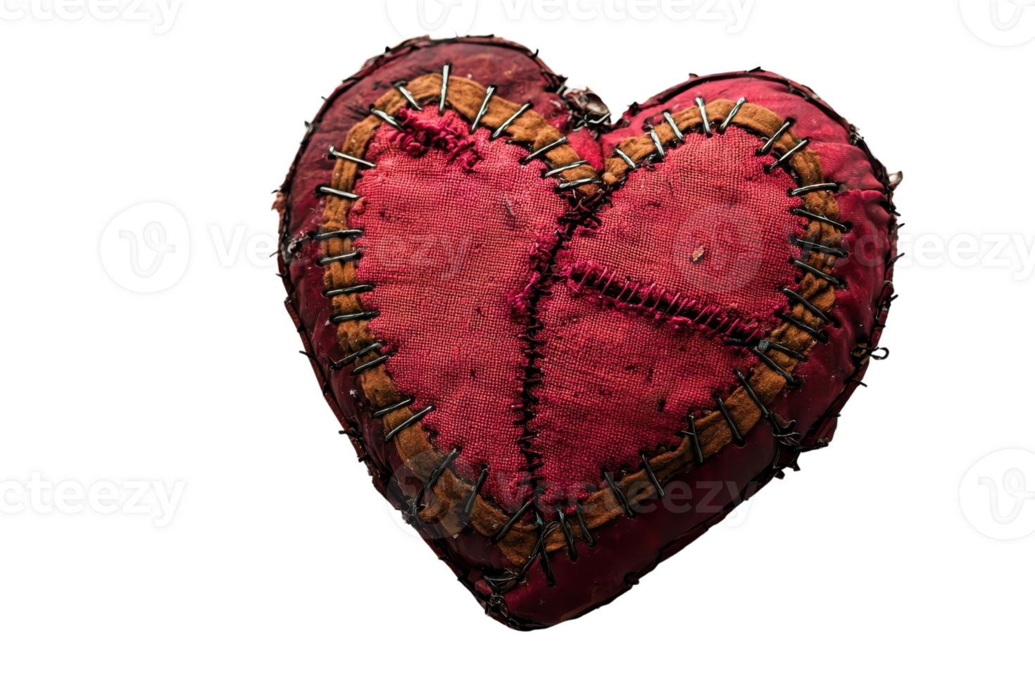 A patched fabric heart symbolizes resilience and healing, showcasing intricate needlework and rich textures against a dark background. png