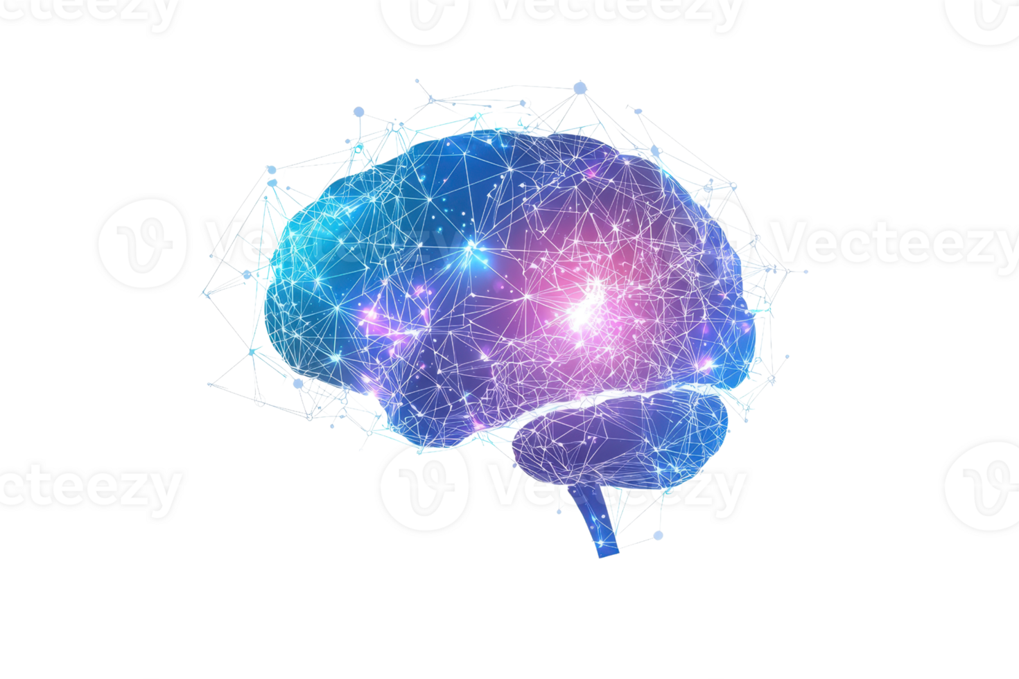 Abstract digital brain illustration with glowing connections, symbolizing artificial intelligence, technology, and innovation. png
