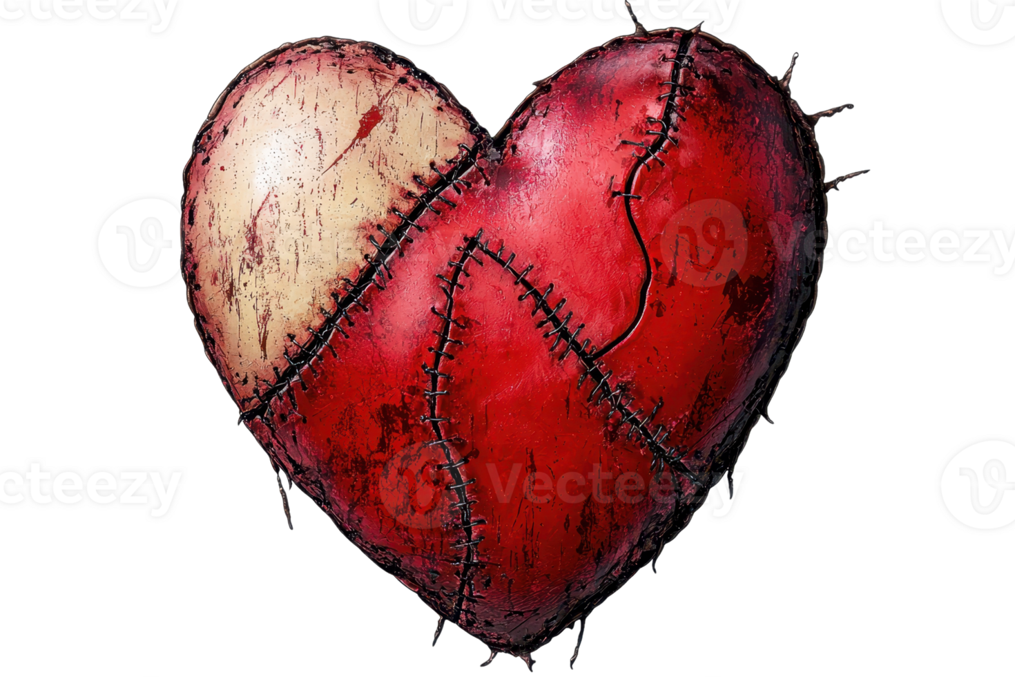 A rustic, stitched heart symbolizes resilience and healing. Its vibrant red color contrasts with the worn textures, creating visual intrigue. png