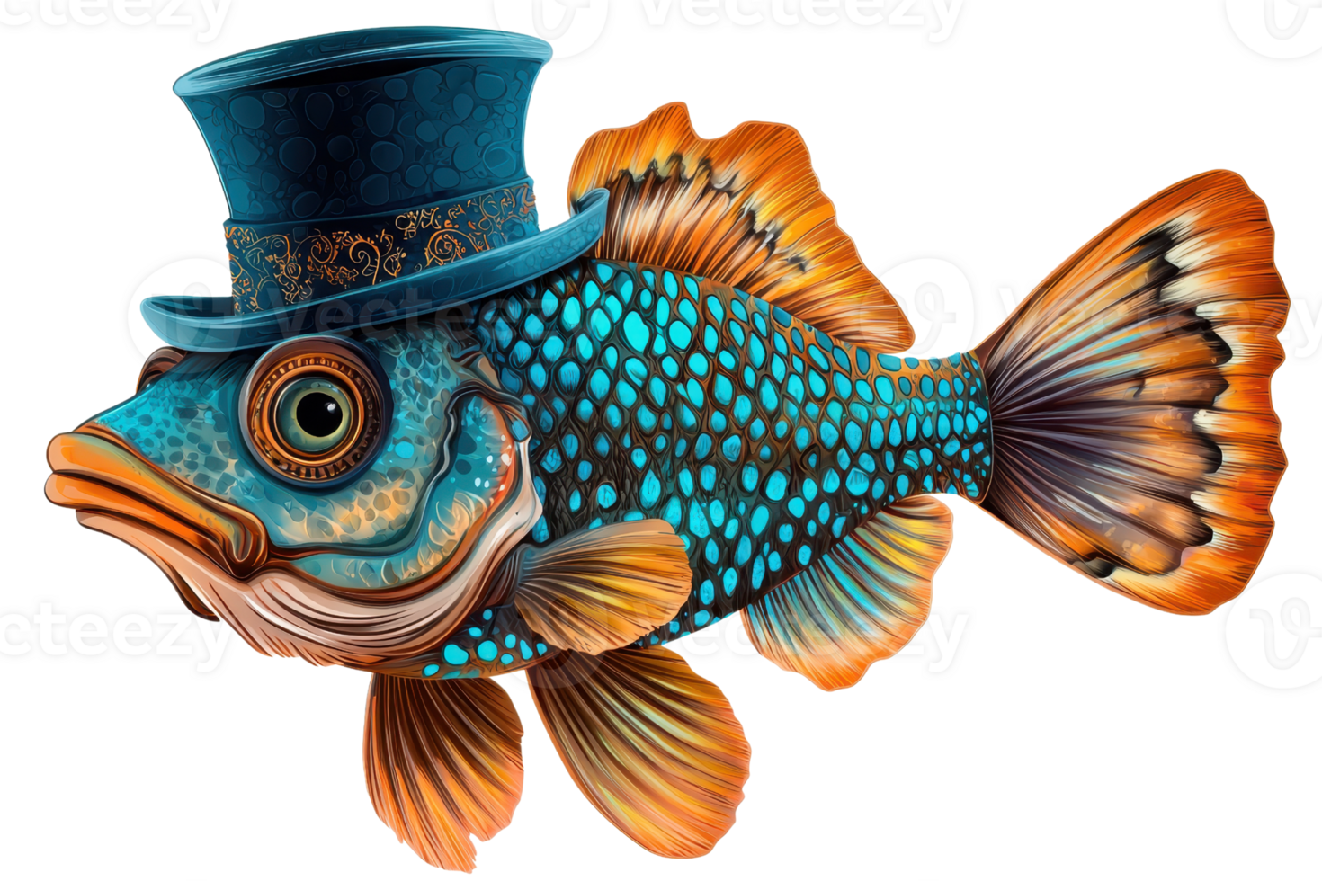 A vibrant blue fish with a polka-dot pattern, adorned with a stylish top hat, showcasing a blend of whimsical fantasy and aquatic life. png