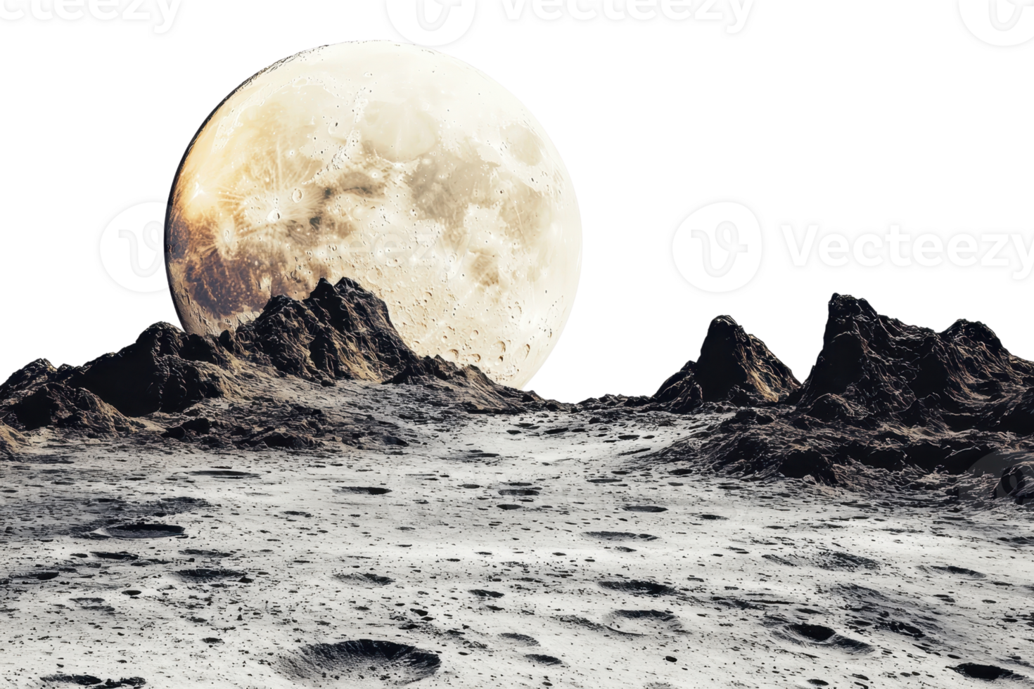 A stunning view of the moon's rocky surface with a large full moon in the background, highlighting the craters and rugged terrain. png