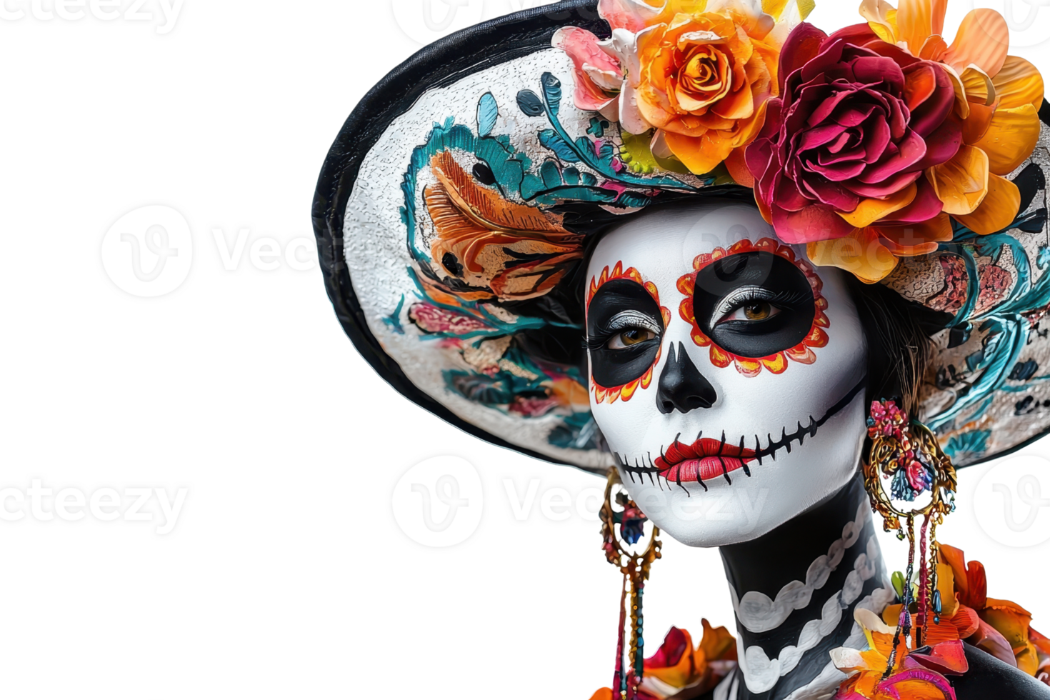 ein beschwingt Bild von ein Frau mit Tag von das tot bilden und bunt Blumen im ihr Hut, feiern dia de los Muertos. png