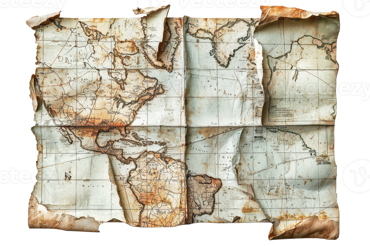 A vintage, weathered world map with torn edges displaying continents and oceans in earthy tones for historical or travel-themed designs. png