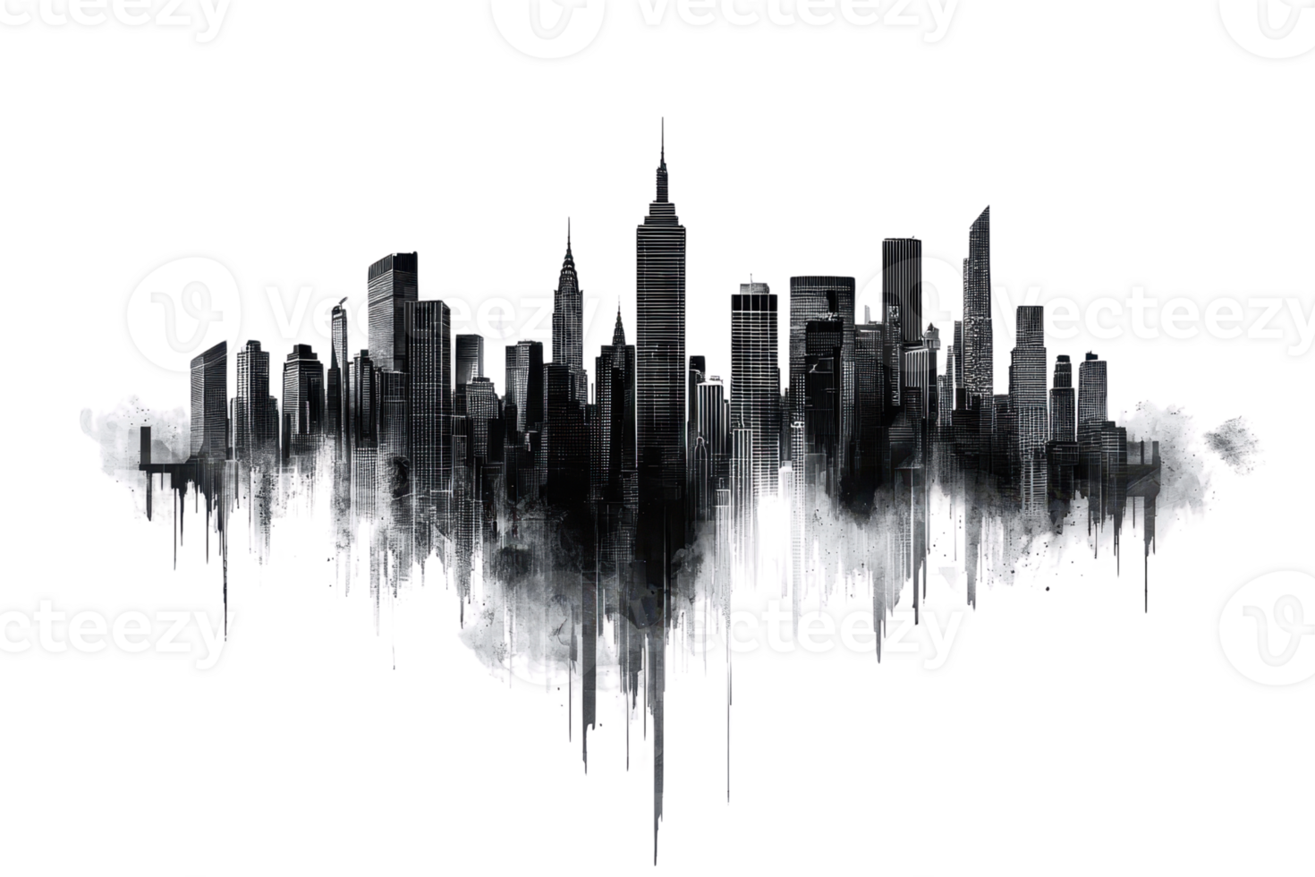 Abstract city skyline with monochrome skyscrapers reflecting urban architecture and dynamic city life in a dramatic artistic style. png