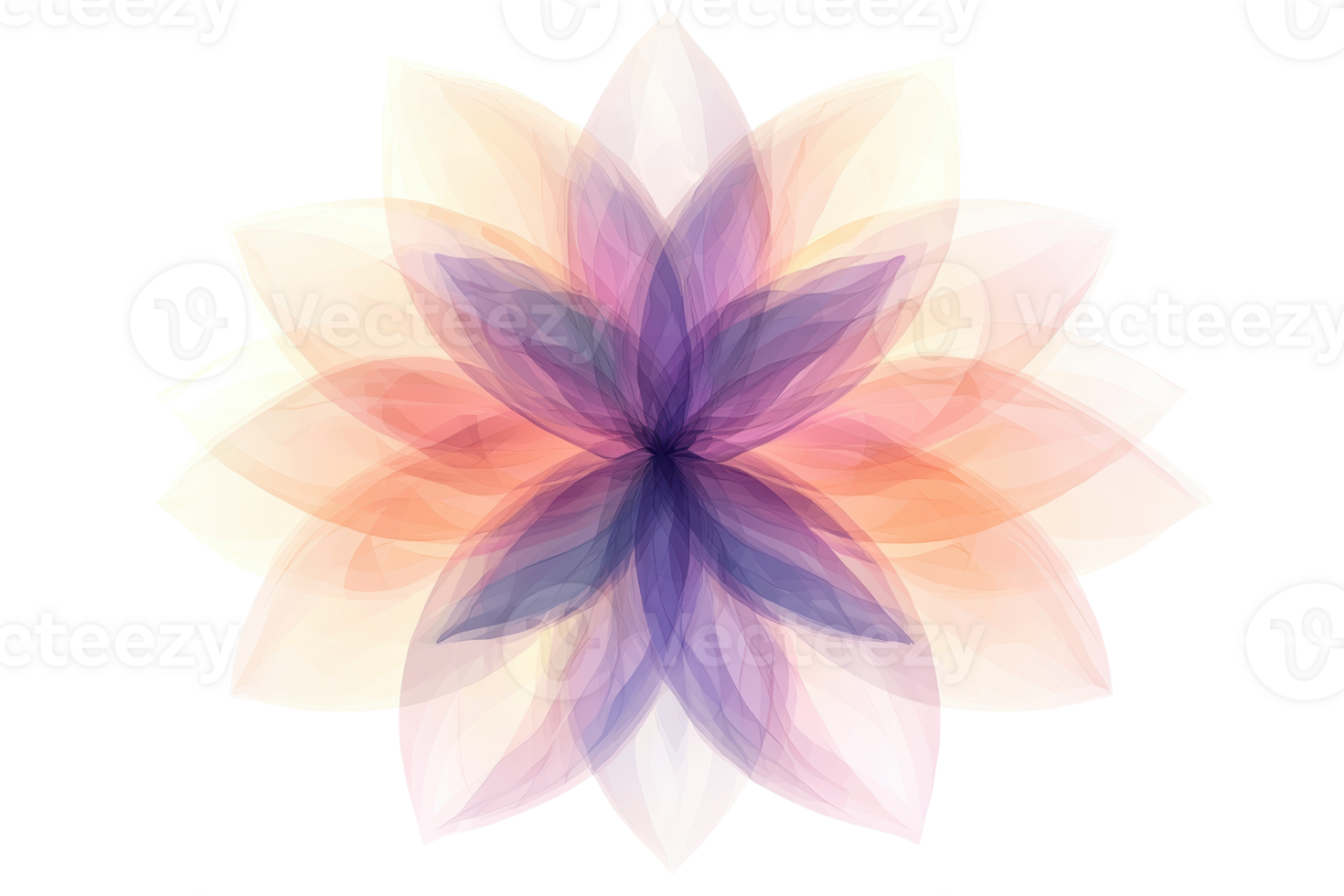 Abstract floral design with layered translucent petals in soft pastel colors. Symmetrical geometric pattern perfect for digital art projects. png