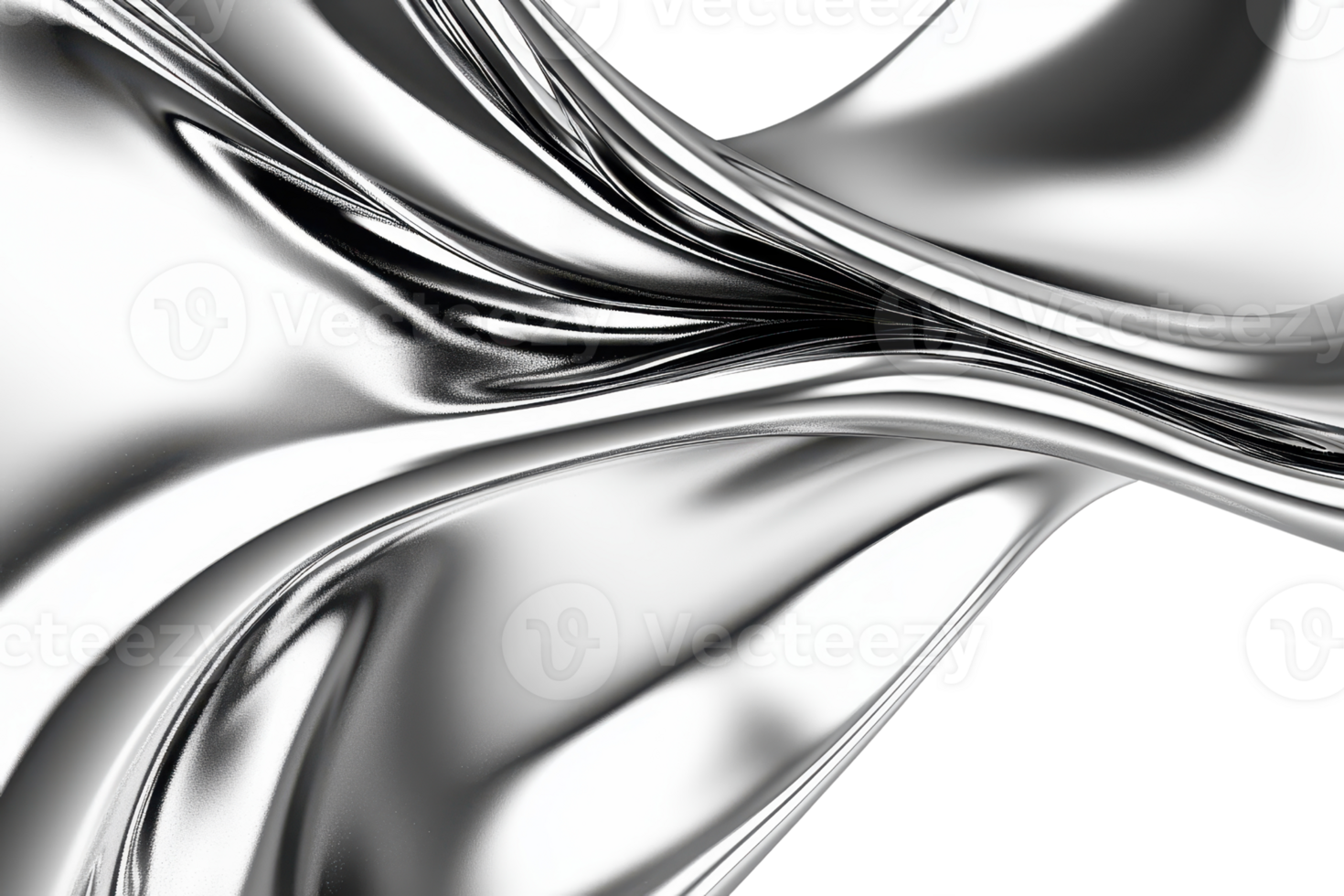 Abstract fluid silver waves creating a modern, dynamic metallic design with reflective surfaces, perfect for contemporary backgrounds. png