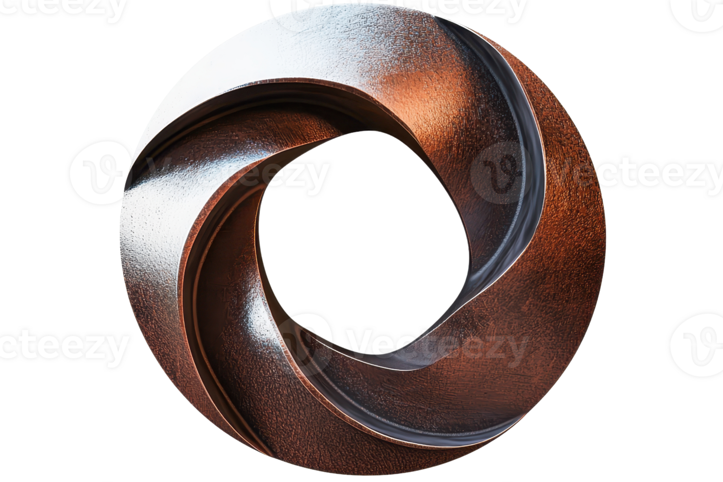 Abstract metallic sculpture in a twisted circular form, displaying intricate textures and patterns, showcasing modern geometric art. png