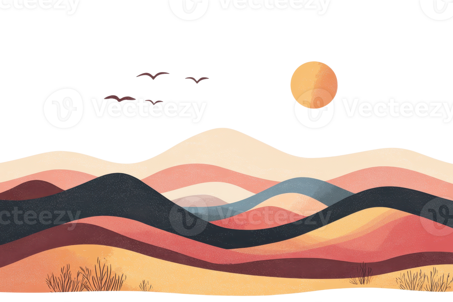 Abstract landscape illustration with colorful hills and a sun. Minimalist design featuring organic shapes and soft gradients in warm tones. png