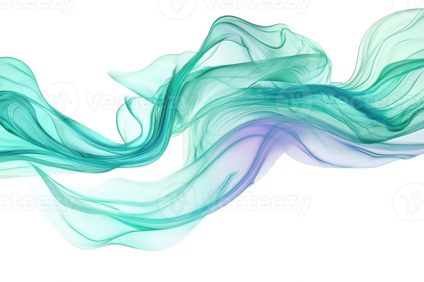 Abstract teal and purple smoke-like waves create a fluid motion effect on a transparent background. embodying a sense of tranquility and creativity. png