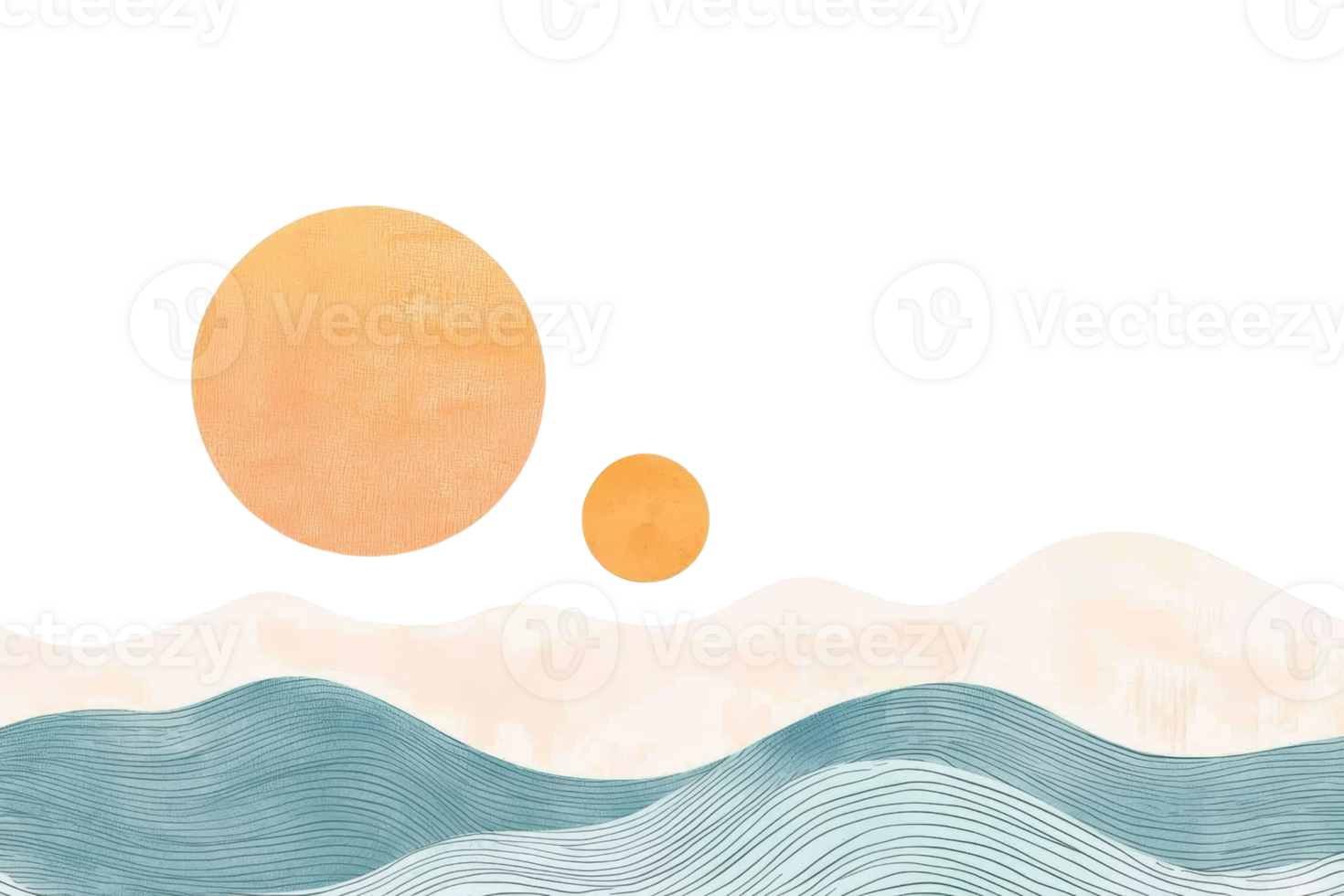 Abstract watercolor landscape with sun and waves, featuring pastel hues and serene design, perfect for backgrounds and artistic projects. png