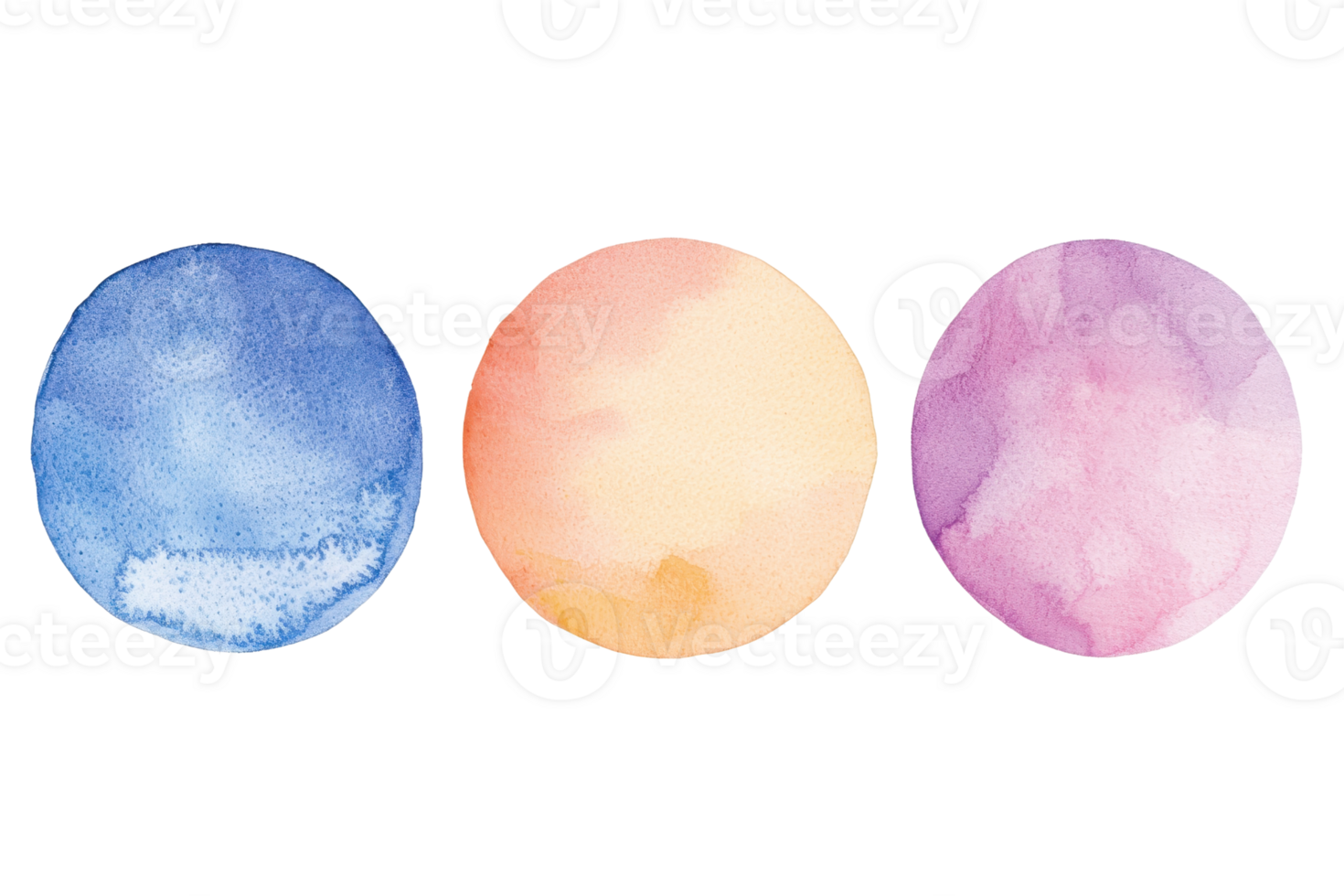 Abstract watercolor circles in blue, orange, and purple tones on a transparent background. perfect for creative design projects and artistic concepts. png