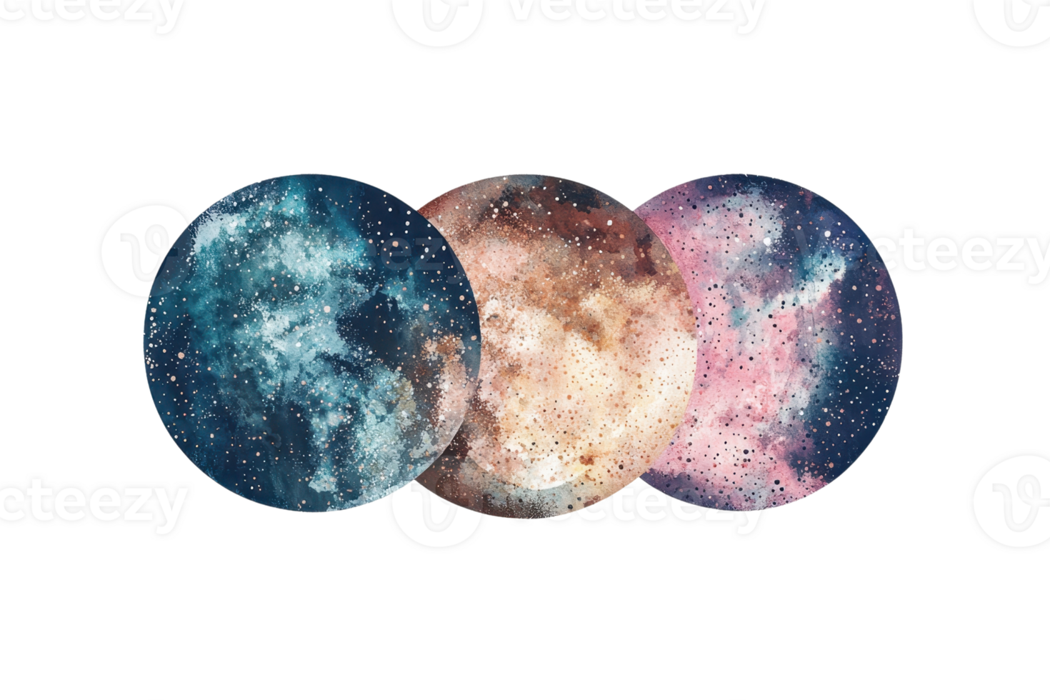 Abstract watercolor galaxy art featuring three circular cosmic patterns in blue, pink, and beige tones. Perfect for creative and artistic projects. png
