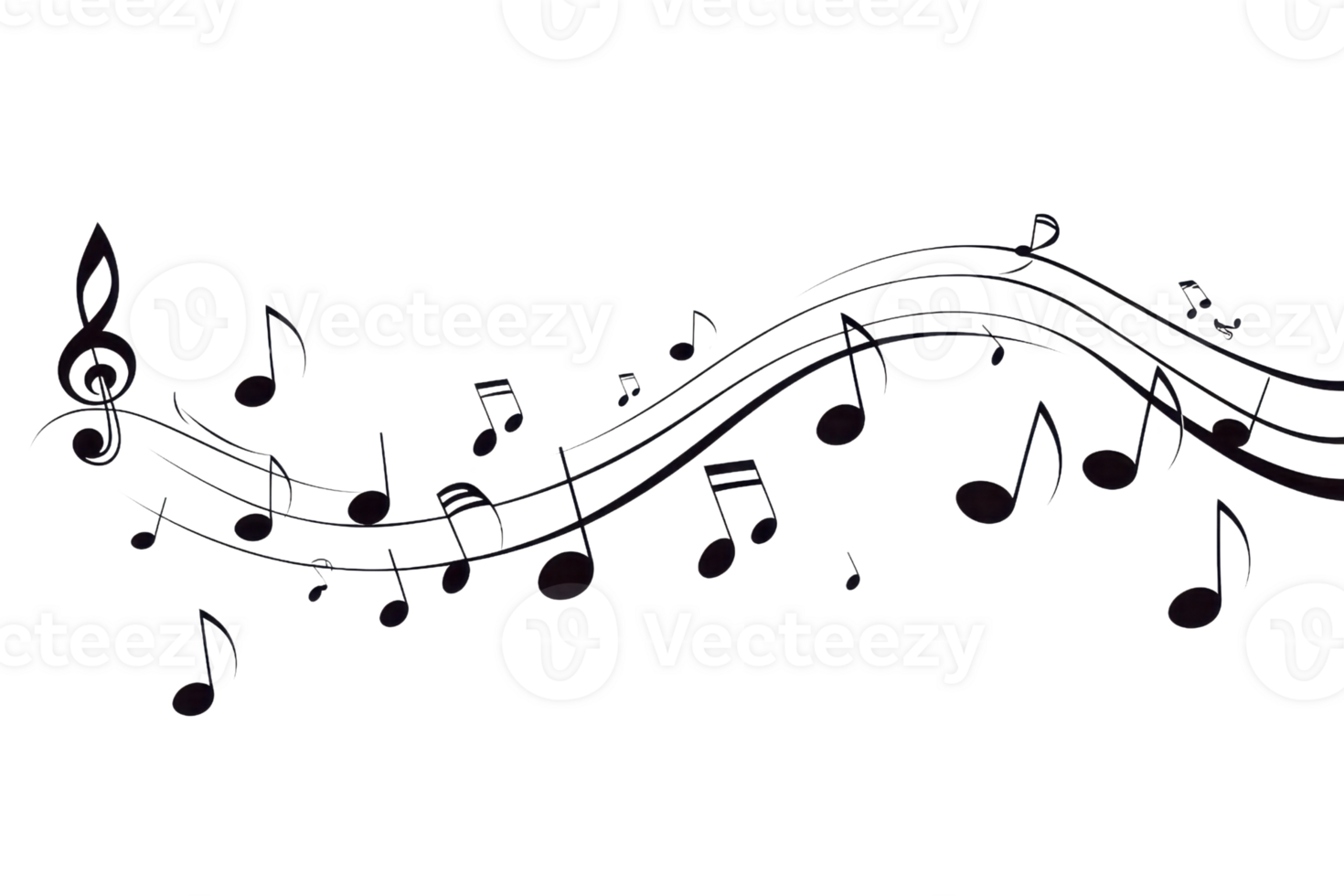 Artistic depiction of flowing musical notes and staff, symbolizing harmony and rhythm, ideal for creative and educational purposes. png